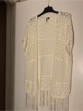 Cream Festival Open-Knit Fringe Poncho Cardigan Size S